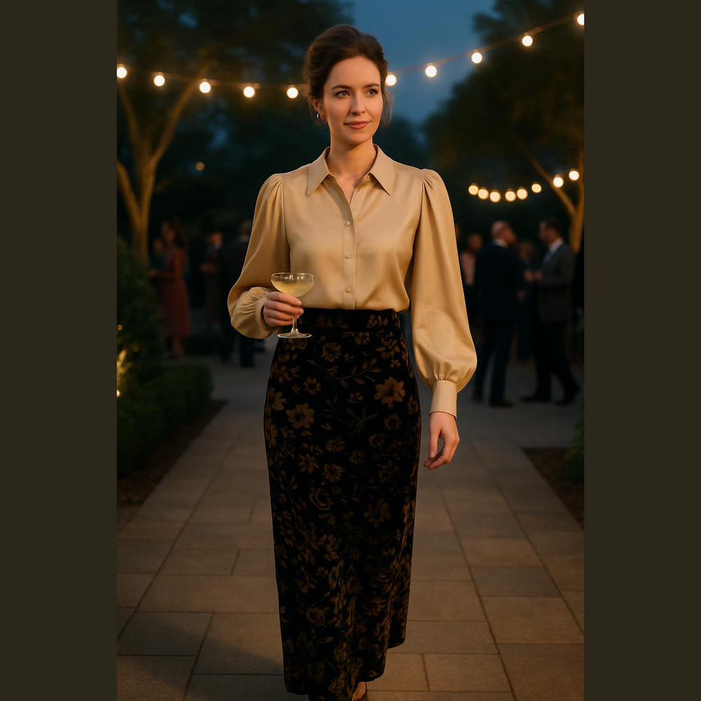 JUDITH HART VELVET BLACK & GOLDEN BROWN FLORAL A-LINE MAXI SKIRT LUXURY SZ M